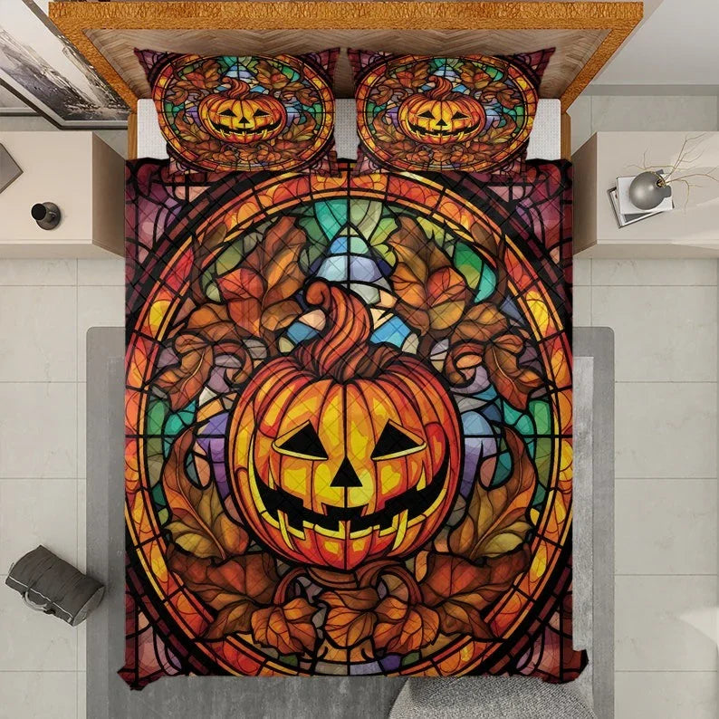 Personalized Vintage Scary Pumpkin Halloween 3-Piece Quilt Bedding Set With Pillowcases