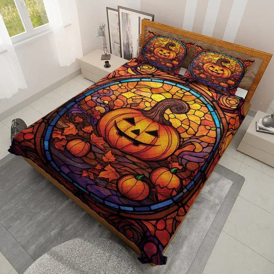 Personalized Vintage Pumpkin Halloween 3-Piece Quilt Bedding Set With Pillowcases