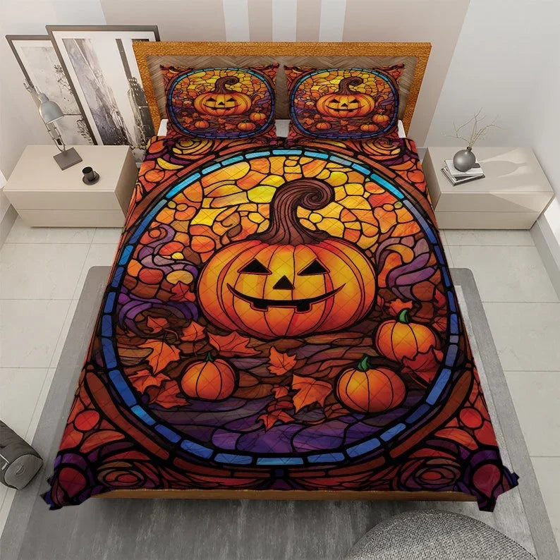 Personalized Vintage Pumpkin Halloween 3-Piece Quilt Bedding Set With Pillowcases