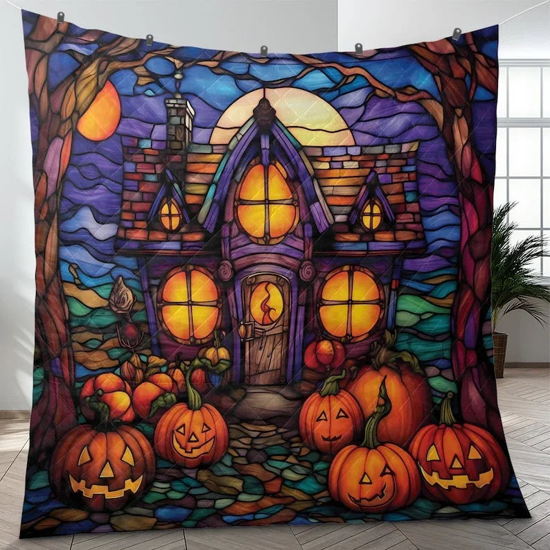 Personalized Vintage Retro Haunted House with Pumpkin Halloween 3-Piece Quilt Bedding Set With Pillowcases