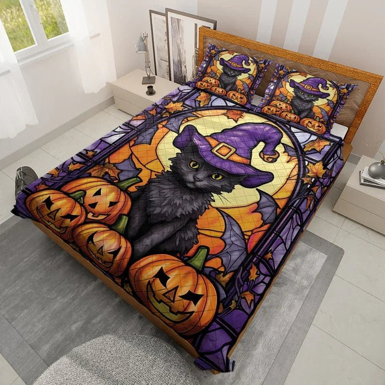Personalized Black Cat Witch Pumpkin Halloween 3-Piece Quilt Bedding Set With Pillowcases