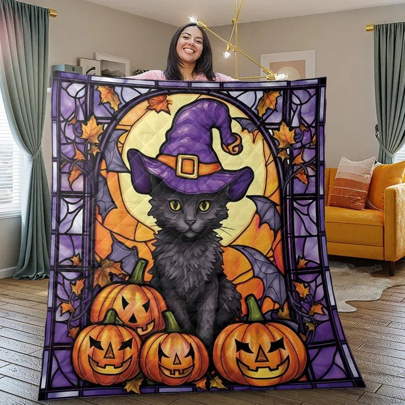 Personalized Black Cat Witch Pumpkin Halloween 3-Piece Quilt Bedding Set With Pillowcases
