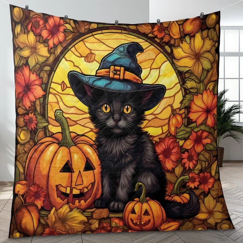 Personalized Vintage Black Cat Witch Pumpkin Halloween 3-Piece Quilt Bedding Set With Pillowcases