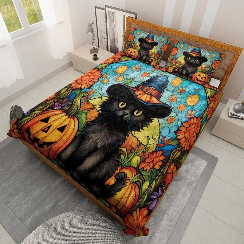 Personalized Cute Black Cat Pumpkin Witch Halloween 3-Piece Quilt Bedding Set With Pillowcases