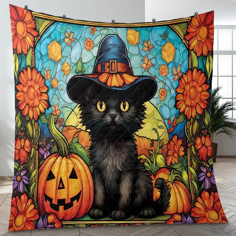 Personalized Cute Black Cat Pumpkin Witch Halloween 3-Piece Quilt Bedding Set With Pillowcases