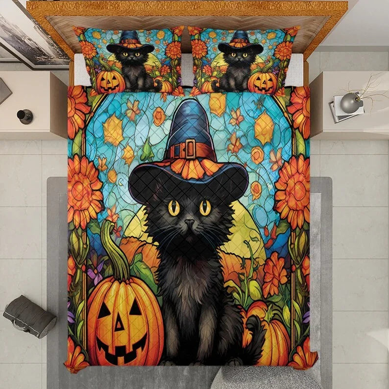 Personalized Cute Black Cat Pumpkin Witch Halloween 3-Piece Quilt Bedding Set With Pillowcases
