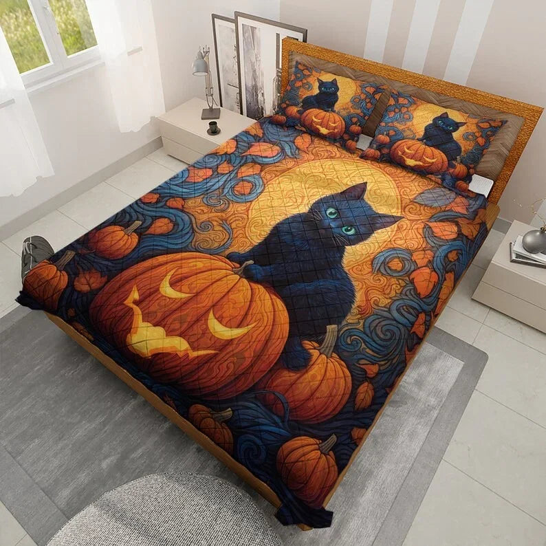 Personalized Cute Black Cat Pumpkin Halloween 3-Piece Quilt Bedding Set With Pillowcases