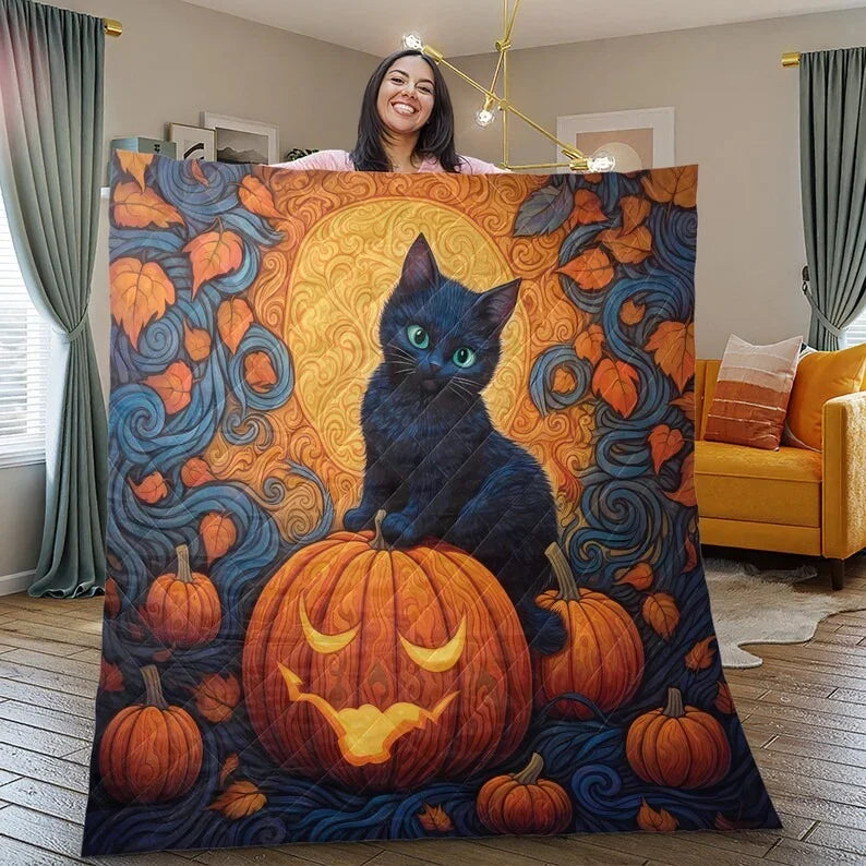 Personalized Cute Black Cat Pumpkin Halloween 3-Piece Quilt Bedding Set With Pillowcases