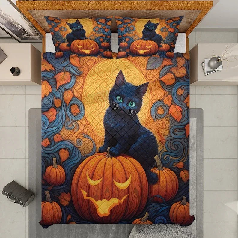 Personalized Cute Black Cat Pumpkin Halloween 3-Piece Quilt Bedding Set With Pillowcases