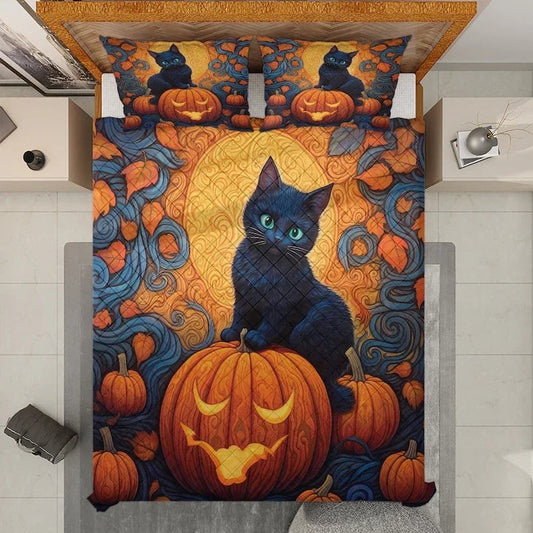 Personalized Cute Black Cat Pumpkin Halloween 3-Piece Quilt Bedding Set With Pillowcases