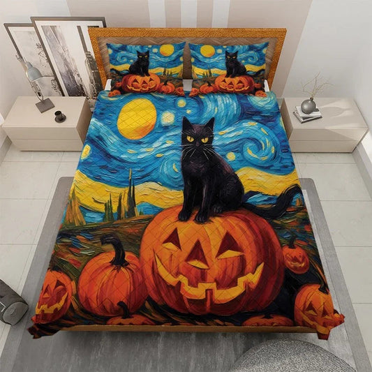 Personalized Cute Evil Black Cat Witch Pumpkin in Starry Night Halloween 3-Piece Quilt Bedding Set With Pillowcases