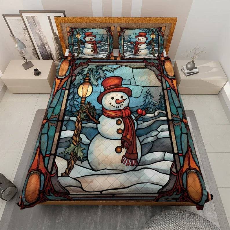 Personalized Retro Snowman in Christmas Night 3-Piece Quilt Bedding Set With Pillowcases