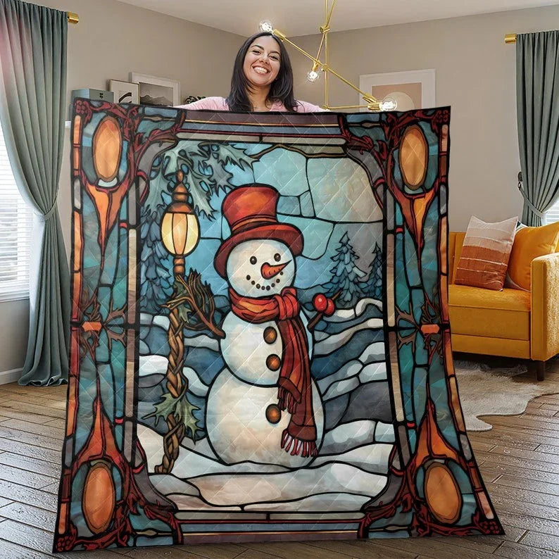 Personalized Retro Snowman in Christmas Night 3-Piece Quilt Bedding Set With Pillowcases