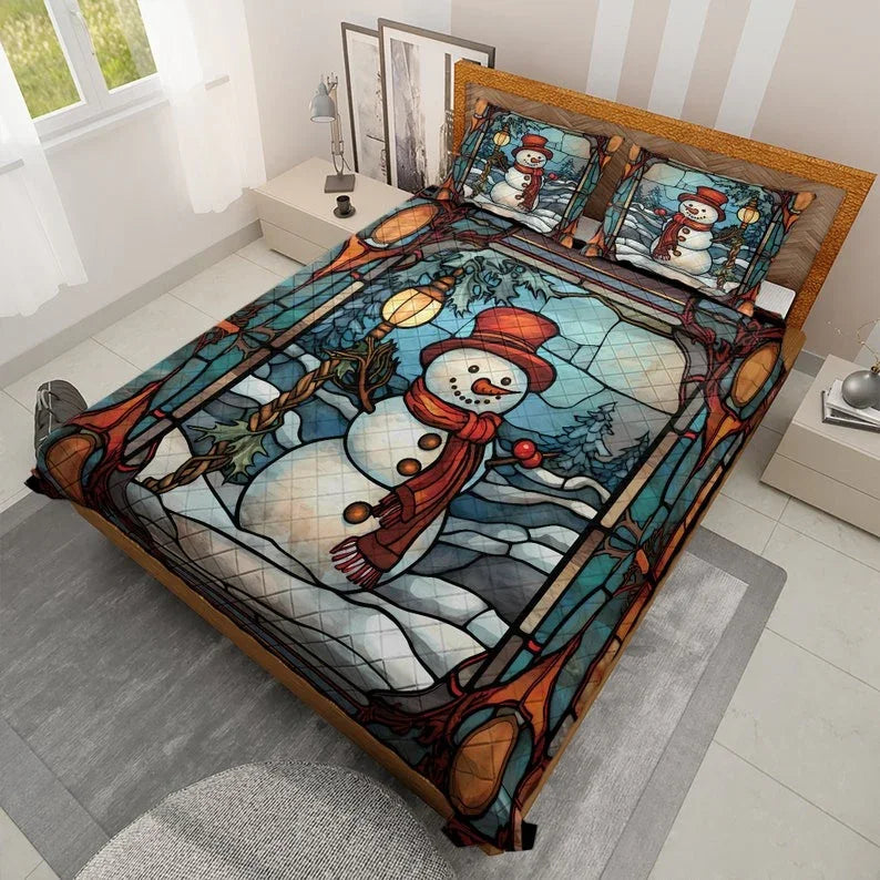 Personalized Retro Snowman in Christmas Night 3-Piece Quilt Bedding Set With Pillowcases