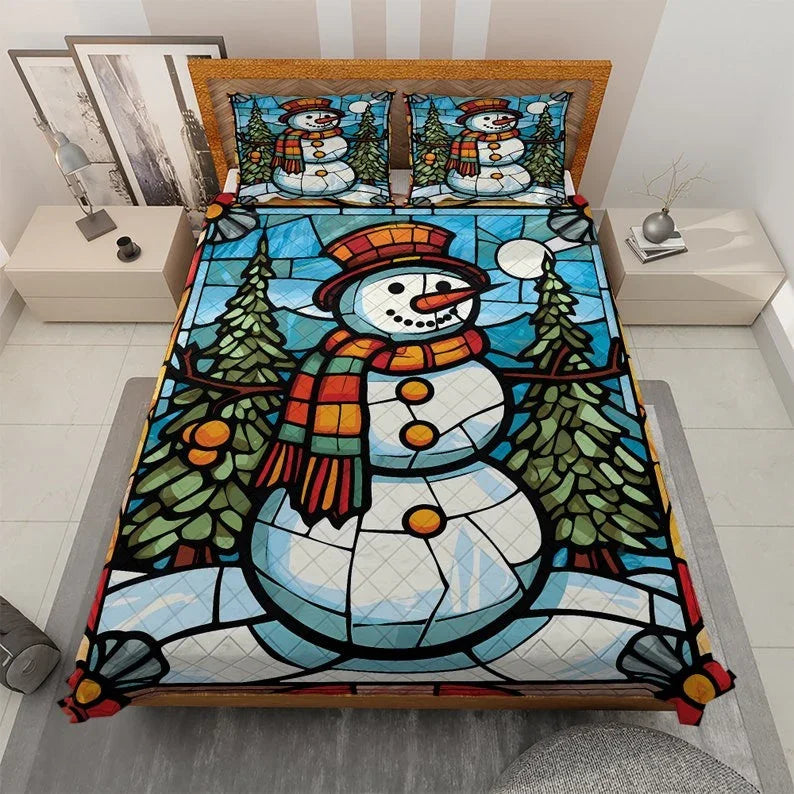 Personalized Colorful Snowman in Christmas Night 3-Piece Quilt Bedding Set With Pillowcases