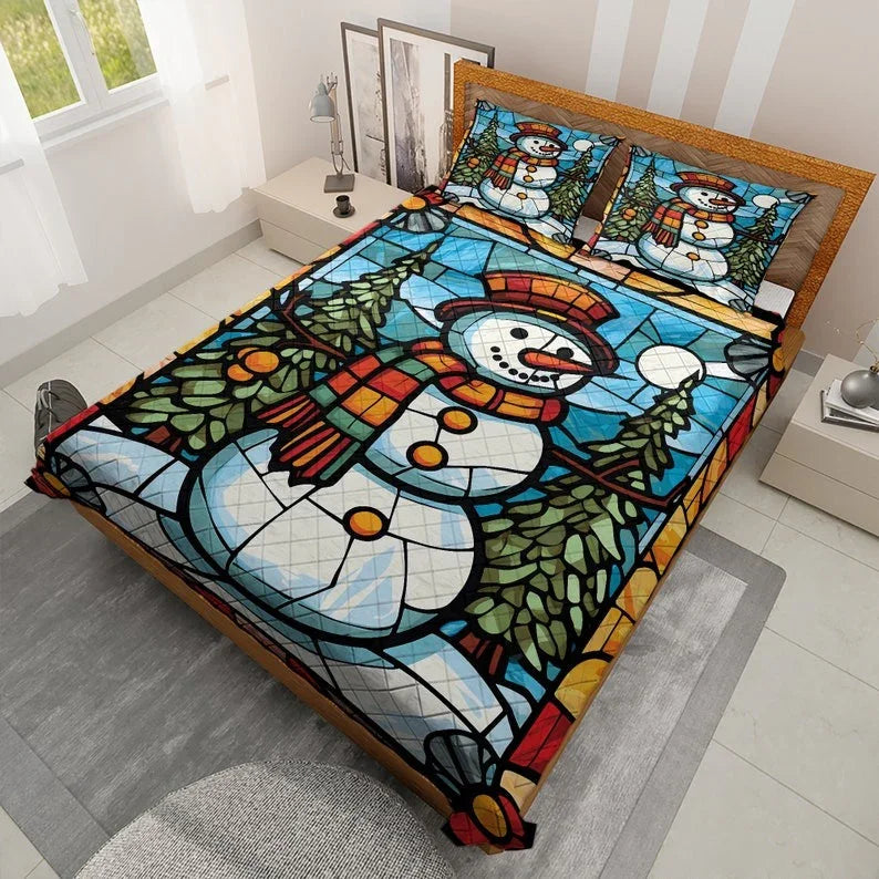 Personalized Colorful Snowman in Christmas Night 3-Piece Quilt Bedding Set With Pillowcases