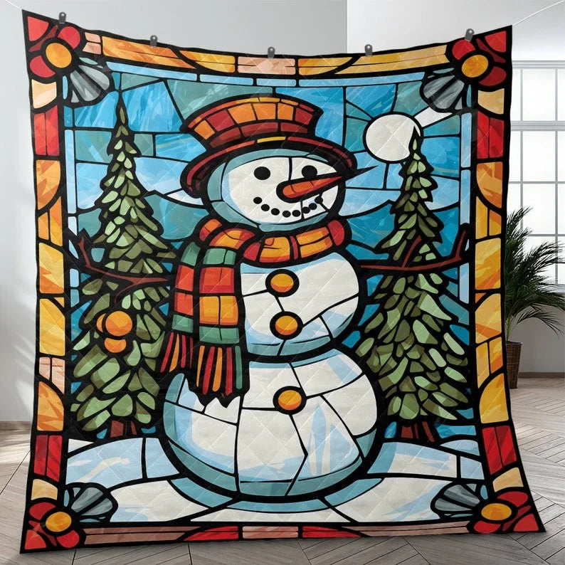 Personalized Colorful Snowman in Christmas Night 3-Piece Quilt Bedding Set With Pillowcases