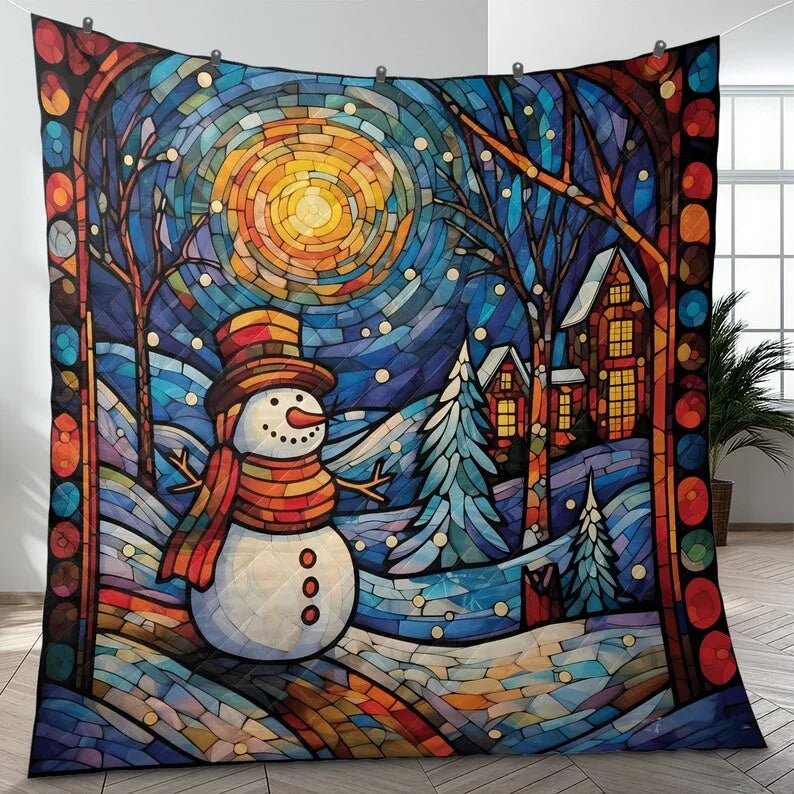 Personalized Snowman in Colorful Christmas 3-Piece Quilt Bedding Set With Pillowcases