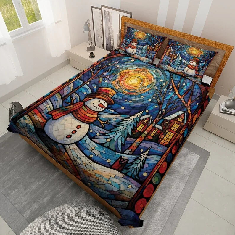 Personalized Snowman in Colorful Christmas 3-Piece Quilt Bedding Set With Pillowcases