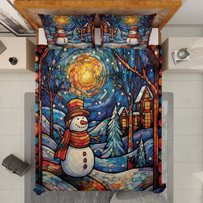 Personalized Snowman in Colorful Christmas 3-Piece Quilt Bedding Set With Pillowcases