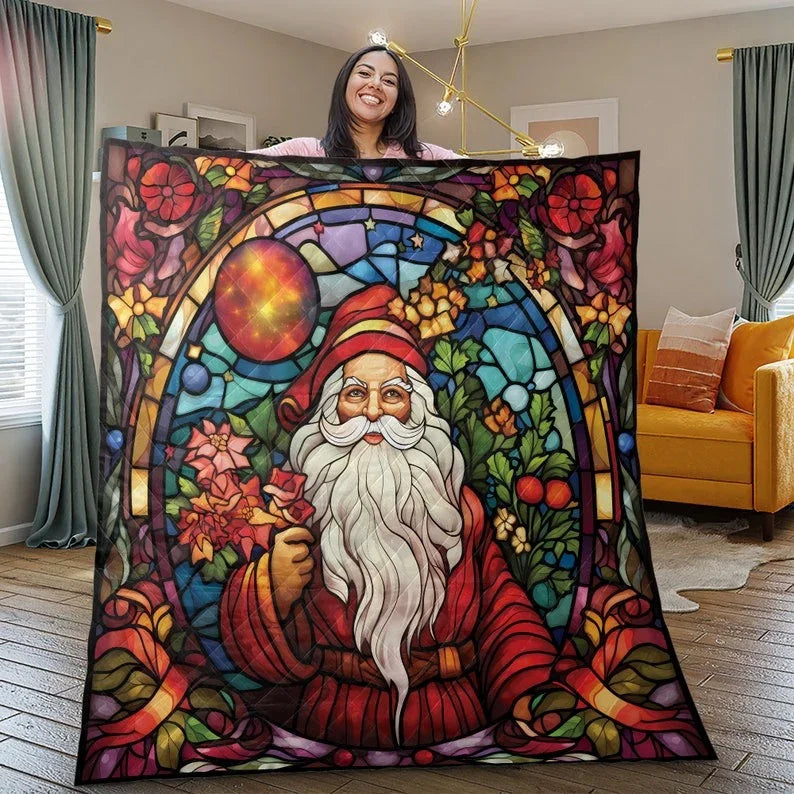Personalized Vintage Santa Claus with Flower Christmas 3-Piece Quilt Bedding Set With Pillowcases