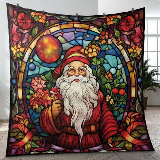Personalized Vintage Santa Claus with Flower Christmas 3-Piece Quilt Bedding Set With Pillowcases