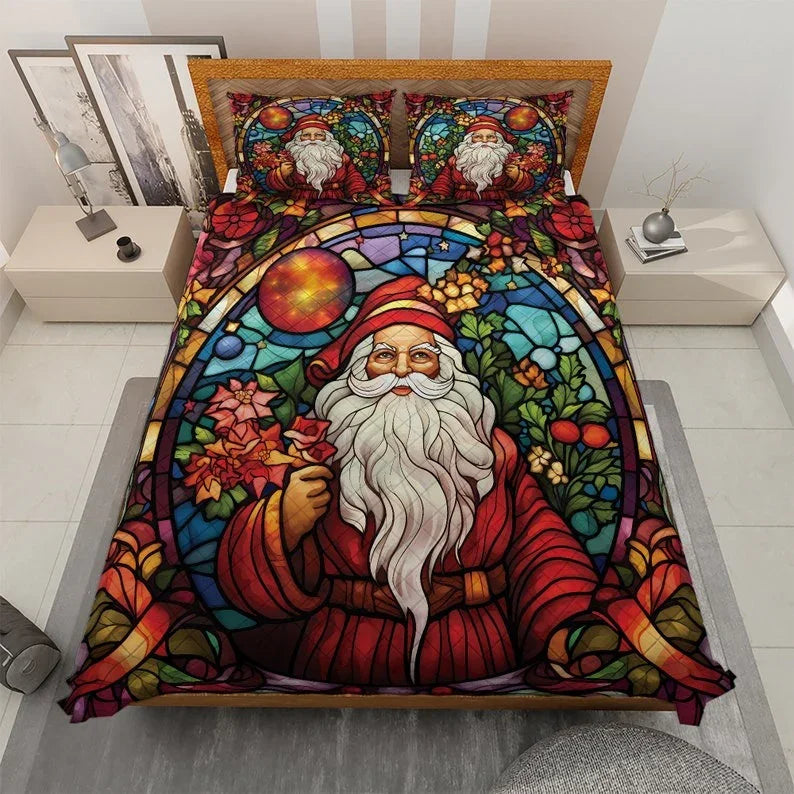 Personalized Vintage Santa Claus with Flower Christmas 3-Piece Quilt Bedding Set With Pillowcases