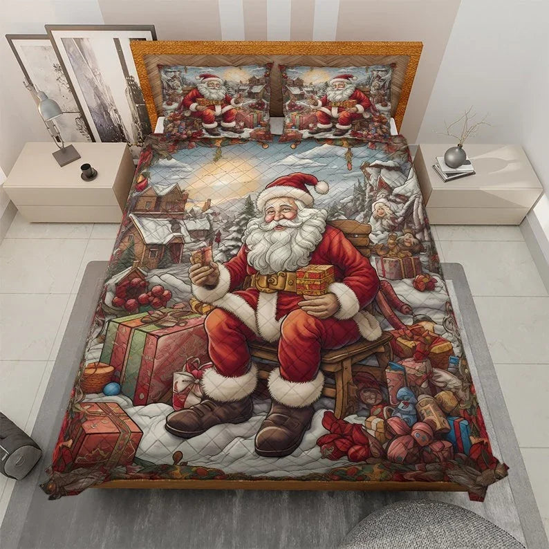 Personalized Vintage Santa Claus with Gift Christmas 3-Piece Quilt Bedding Set With Pillowcases