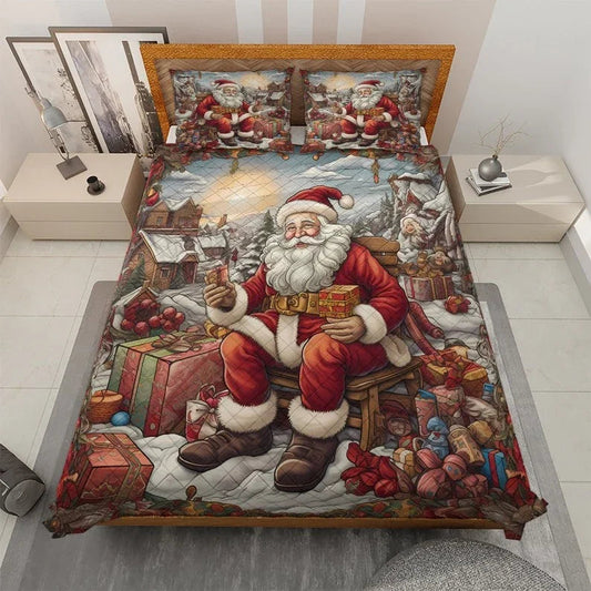 Personalized Vintage Santa Claus with Gift Christmas 3-Piece Quilt Bedding Set With Pillowcases