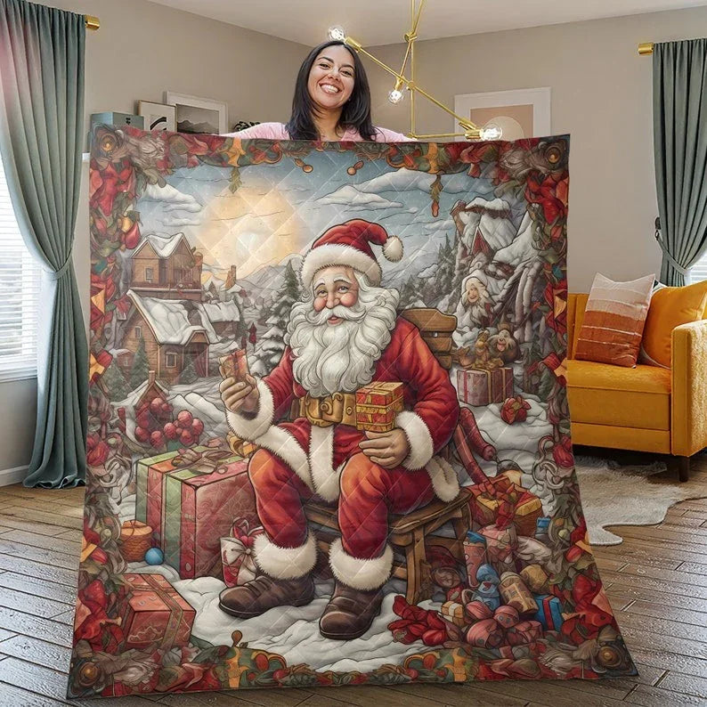 Personalized Vintage Santa Claus with Gift Christmas 3-Piece Quilt Bedding Set With Pillowcases