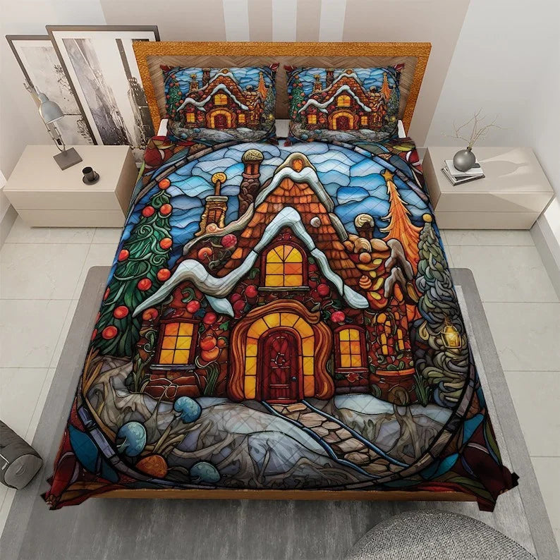 Personalized Gingerbread House Christmas Stained Glass Design 3-Piece Quilt Bedding Set With Pillowcases