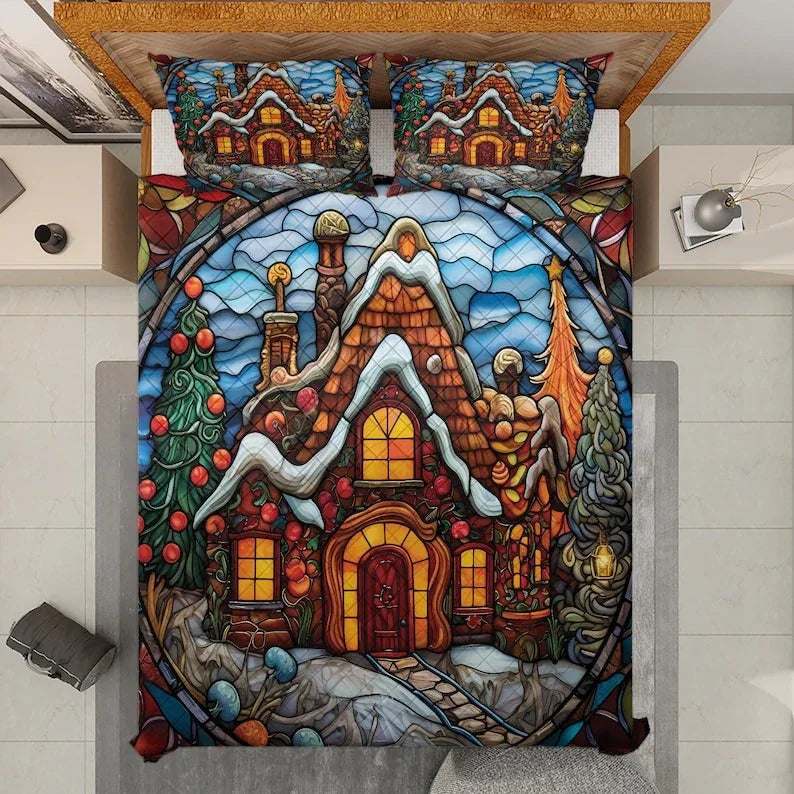 Personalized Gingerbread House Christmas Stained Glass Design 3-Piece Quilt Bedding Set With Pillowcases
