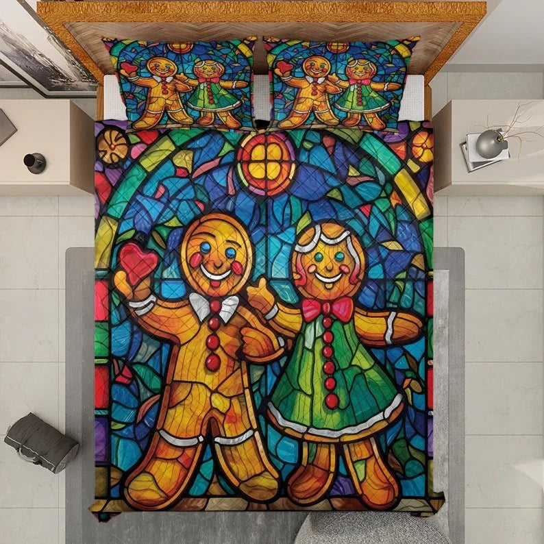 Personalized Vintage Gingerbread Couple Christmas 3-Piece Quilt Bedding Set With Pillowcases