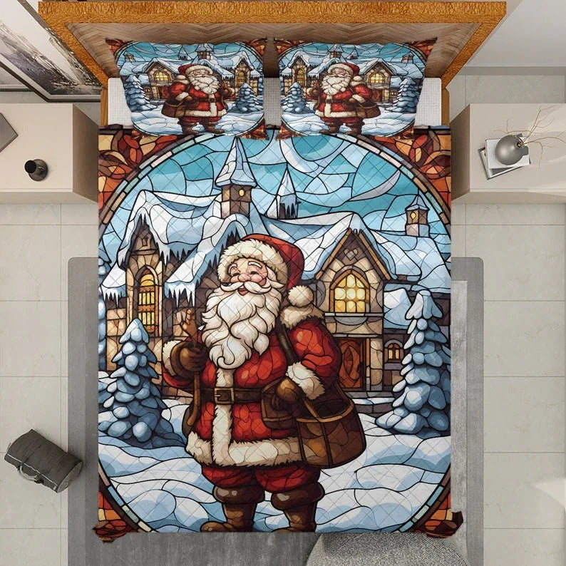 Personalized Vintage Saint Nicholas Christmas 3-Piece Quilt Bedding Set With Pillowcases