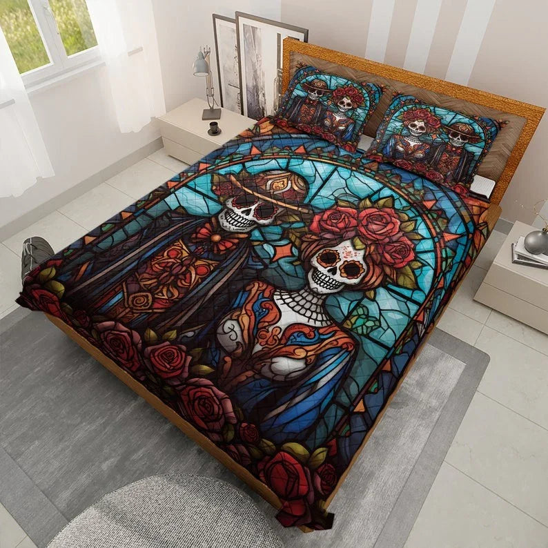 Personalized Vintage Floral Couple Skull Halloween 3-Piece Quilt Bedding Set With Pillowcases