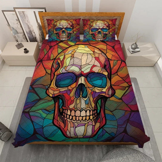 Personalized Vintage Colorful Sugar Skull Halloween 3-Piece Quilt Bedding Set With Pillowcases