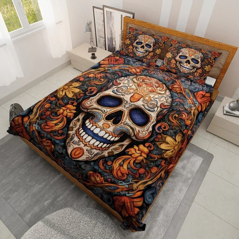 Personalized Vintage Floral Sugar Skull Halloween 3-Piece Quilt Bedding Set With Pillowcases