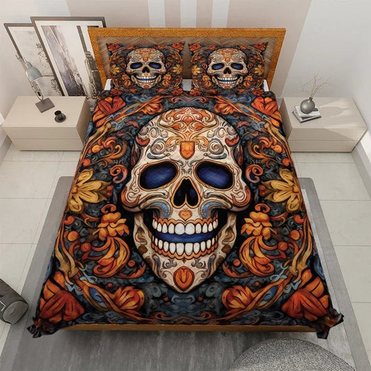 Personalized Vintage Floral Sugar Skull Halloween 3-Piece Quilt Bedding Set With Pillowcases