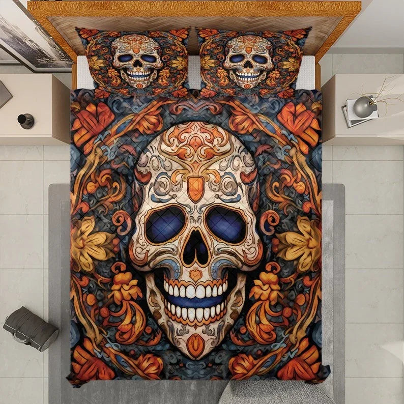 Personalized Vintage Floral Sugar Skull Halloween 3-Piece Quilt Bedding Set With Pillowcases