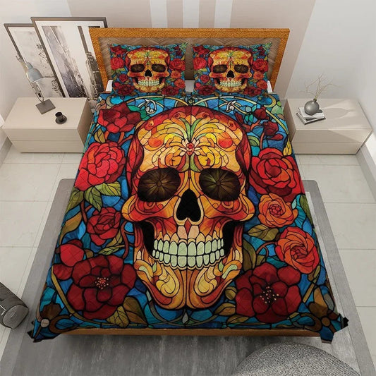 Personalized Vintage Flower Sugar Skull Halloween 3-Piece Quilt Bedding Set With Pillowcases