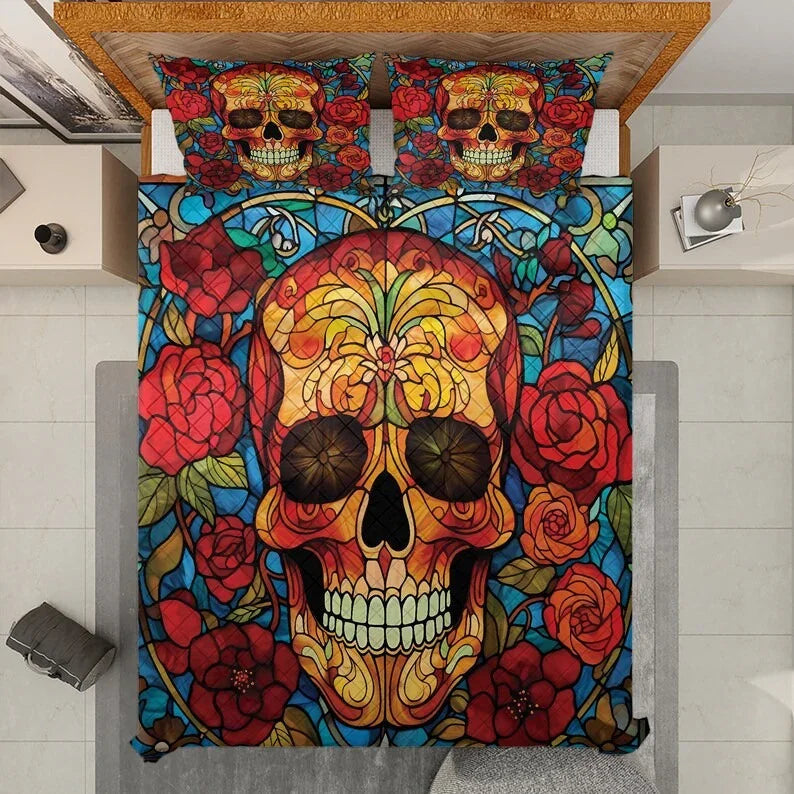 Personalized Vintage Flower Sugar Skull Halloween 3-Piece Quilt Bedding Set With Pillowcases