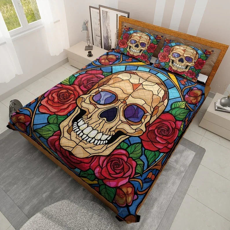 Personalized Retro Flowers Sugar Skull Halloween 3-Piece Quilt Bedding Set With Pillowcases