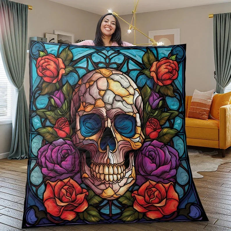 Personalized Retro Flower Sugar Skull Halloween 3-Piece Quilt Bedding Set With Pillowcases