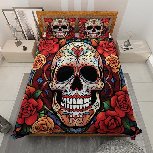 Personalized Flowers Sugar Skull Halloween 3-Piece Quilt Bedding Set With Pillowcases