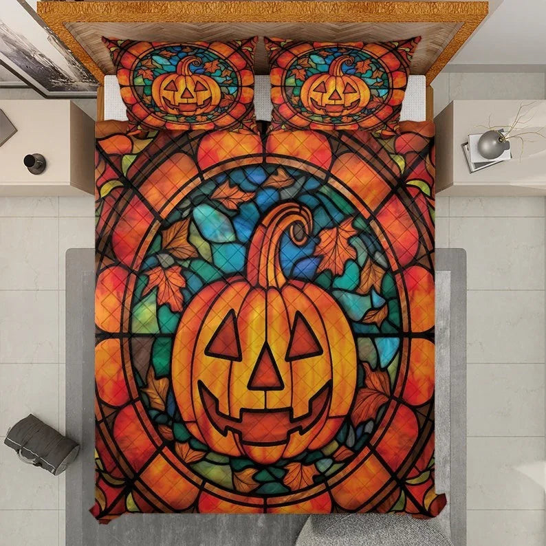 Personalized Vintage Pumpkin Halloween Night 3-Piece Quilt Bedding Set With Pillowcases