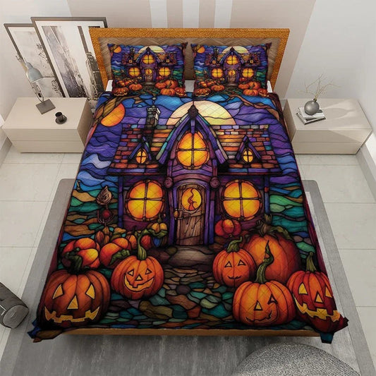 Personalized Vintage Retro Haunted House with Pumpkin Halloween 3-Piece Quilt Bedding Set With Pillowcases