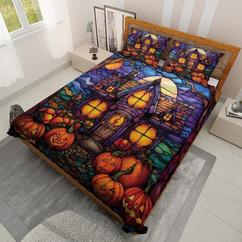 Personalized Vintage Retro Haunted House with Pumpkin Halloween 3-Piece Quilt Bedding Set With Pillowcases