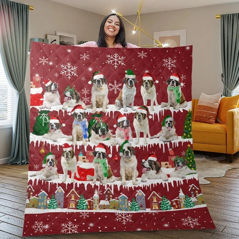 Personalized St_Bernard Dog Christmas 3-Piece Quilt Bedding Set With Pillowcases