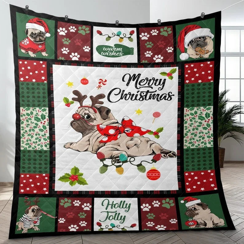 Personalized Awesome Pug Dog Merry Christmas 3-Piece Quilt Bedding Set With Pillowcases