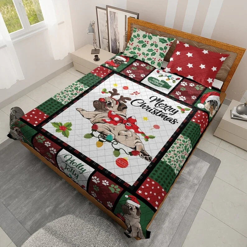 Personalized Awesome Pug Dog Merry Christmas 3-Piece Quilt Bedding Set With Pillowcases